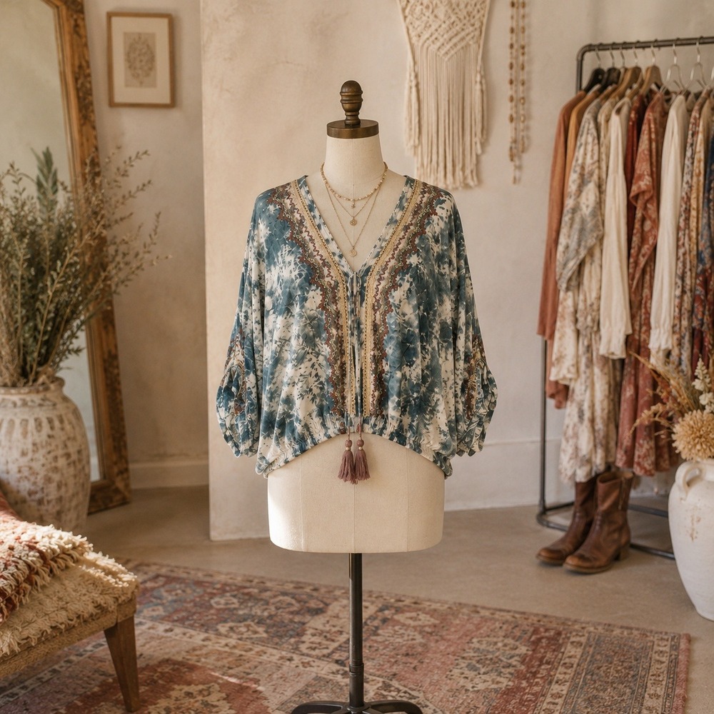Skemo Blue Tie Dye Embroidered V-Neck Blouse Tassels Size M Boho Hippie Festival - Picture 2 of 11